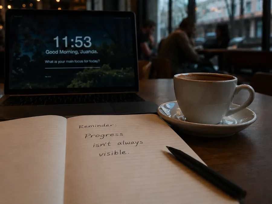 Cuaderno abierto con la nota 'Progress isn't always visible' junto a una taza de café y una laptop