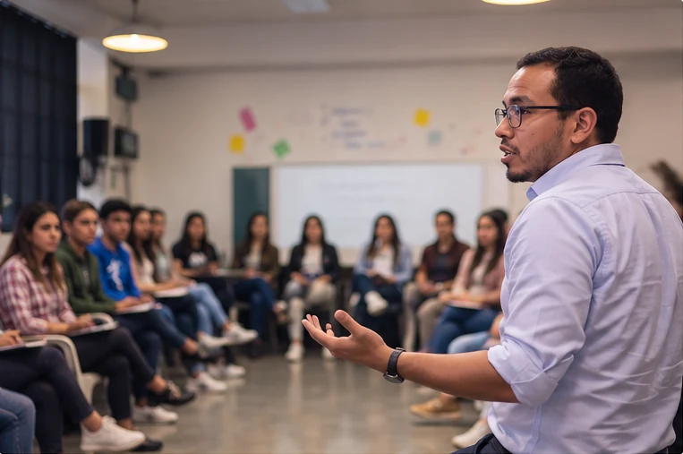 Juan David Ramírez conversando con un grupo de estudiantes sentados en círculo en un aula